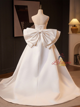 White Satin Strapless Bow Wedding Dress