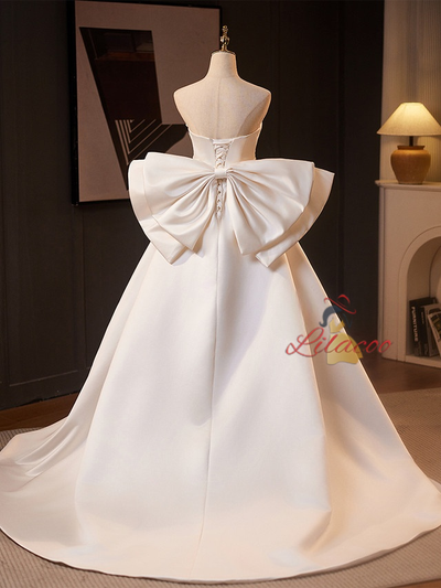 White Satin Strapless Bow Wedding Dress