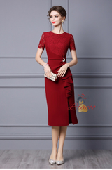 Burgundy Lace Short Sleeve Mother Of The Bride Dress