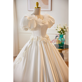 White Satin Puff Sleeve 3D Flower Wedding Dress
