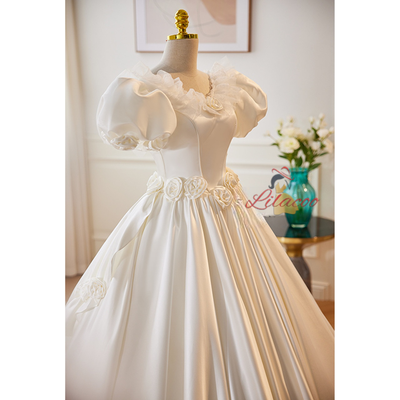 White Satin Puff Sleeve 3D Flower Wedding Dress