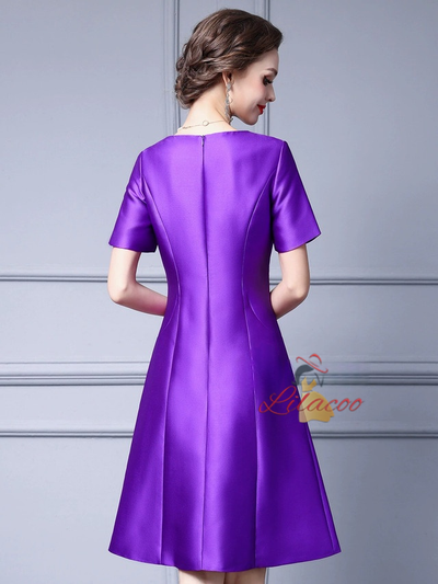 Purple Satin Short Sleeve Mother of the Bride Dress