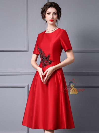 Red Satin Short Sleeve Mother Of The Bride Dress