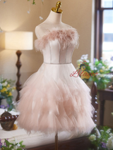 Pink Tulle Strapless Feather Homecoming Dress