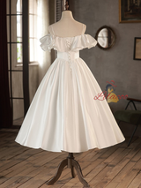 White Satin Spaghetti Straps Wedding Dress