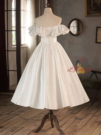 White Satin Spaghetti Straps Wedding Dress