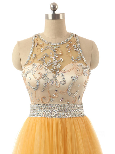 Yellow Tulle Beading Crystal Homecoming Dress