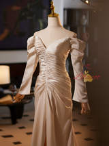 Champagne Mermaid Satin Pleats Wedding Dress