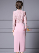 Pink Lace V-neck Long Sleeve Prom Dress