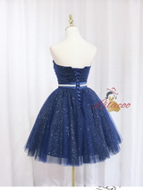 Blue Tulle Sequins Strapless Pleats Homecoming Dress