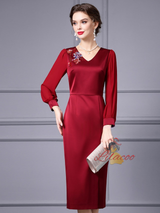 Burgundy V-neck Crystal Mother Of The Bride Dress