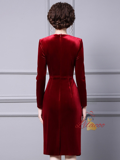 Burgundy Velvet V-neck Mother Of The Bride Dress