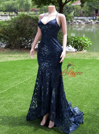 Navy Blue Mermaid Sequins Straps Prom Dress