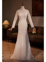 White Mermaid Lace Tulle Long Sleeve Wedding Dress