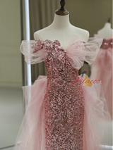 Pink Sequins Tulle Off the Shoulder Prom Dress