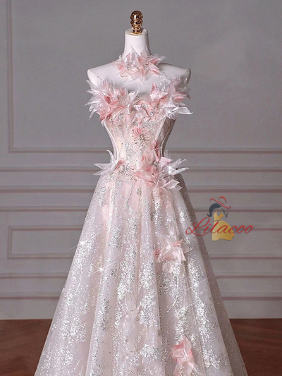 Pink Tulle Sequins Strapless 3D Flower Prom Dress