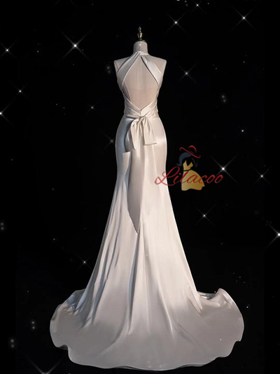 White Mermaid Satin Halter Pleats Wedding Dress