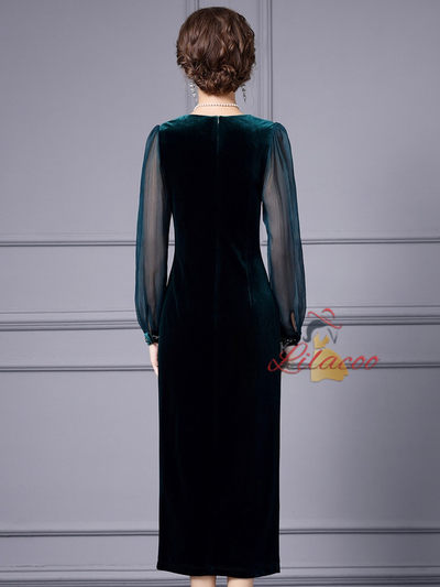 Green Velvet Pleats Beading Mother Of The Bride Dress