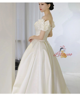 Ivory Satin Off the Shoulder Pleats Wedding Dress