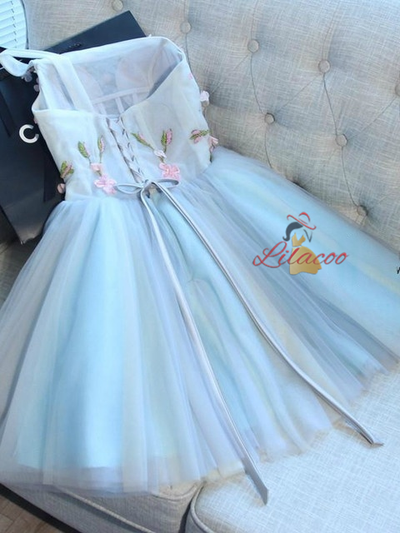 Blue Tulle One Shoulder Appliques Homecoming Dress