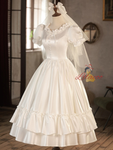 Vintage White Satin Puff Sleeve Button Wedding Dress