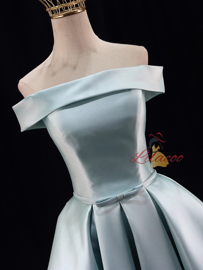 Blue Satin Off the Shoulder Pleats Homecoming Dress