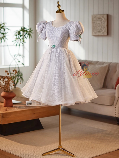 Gray Tulle Lace Puff Sleeve Homecoming Dress