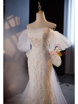White Mermaid Lace Tulle Bow Wedding Dress
