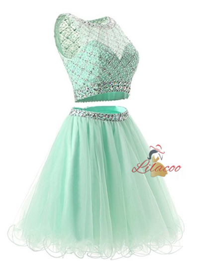 Green Tulle Two Piece Beading Homecoming Dress