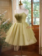 Green Tulle Straps Pleats Homecoming Dress