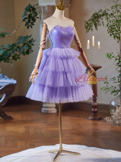 Purple Tulle Sequins Tiers Homecoming Dress