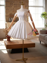 White Satin Lace Pleats Wedding Dress