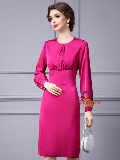 Fuchsia Satin Long Sleeve Mother Of the Brides Dress