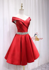 Red Satin Off the Shoulder Pleats Homecoming Dress