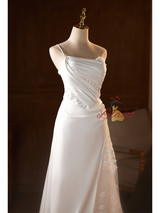 White Satin Strapless 3D Appliques Wedding Dress