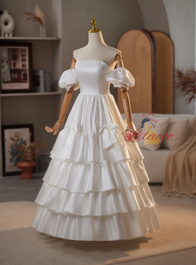 White Satin Strapless Puff Sleeve Wedding Dress