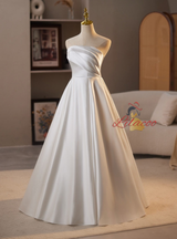 A-Line White Satin Pleats Wedding Dress