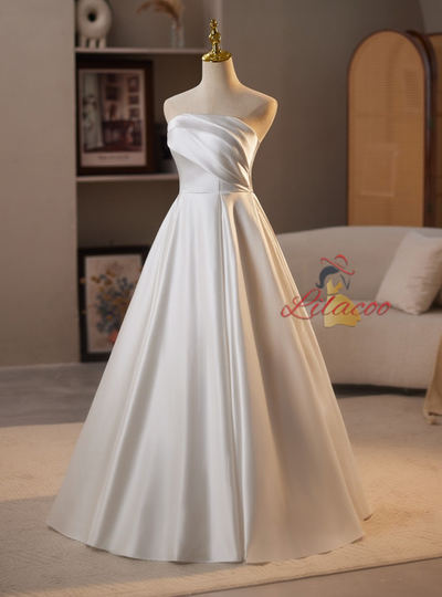A-Line White Satin Pleats Wedding Dress
