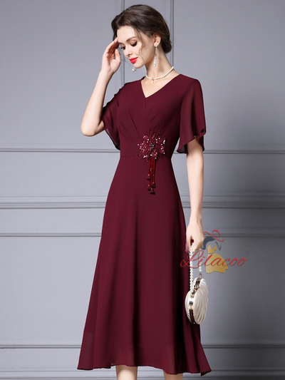 Pink V-neck Beading Mother Of The Bride Dress