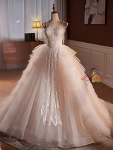 White Tulle Spaghetti Straps Tiers Wedding Dress
