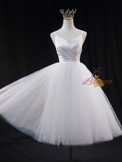 White Tulle Spaghetti Straps Pleats Wedding Dress