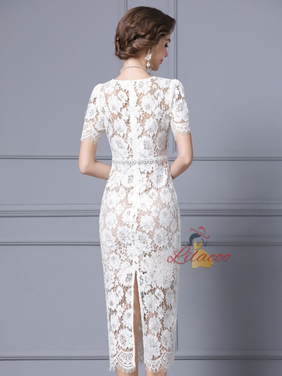 White Lace V-neck Beading Mother Of The Bride Dress