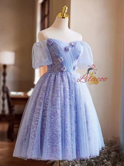 Purple Tulle Puff Sleeve Pleats Flower Homecoming Dress