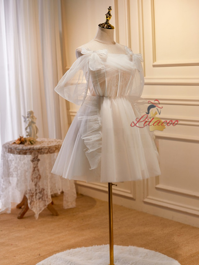 White Tulle Pearls Homecoming Dress
