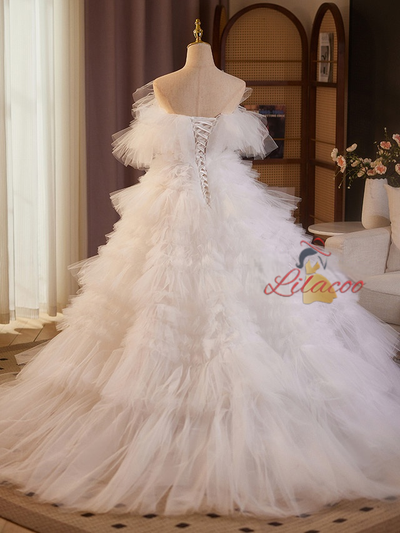 White Ball Gown Tulle Tiers Wedding Dress