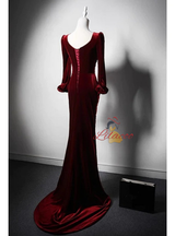 Burgundy Long Sleeve Velvet Pleats Prom Dress