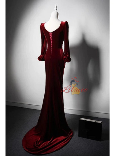 Burgundy Long Sleeve Velvet Pleats Prom Dress