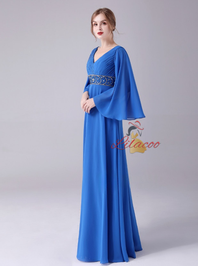 Royal Blue Chiffon V-neck Pleats Mother Of The Bride Dress