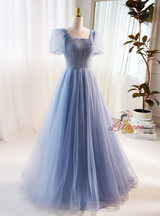 Blue Tulle Square Neck Beading Prom Dress