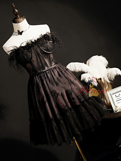 Black Tulle Lace Feather Homecoming Dress